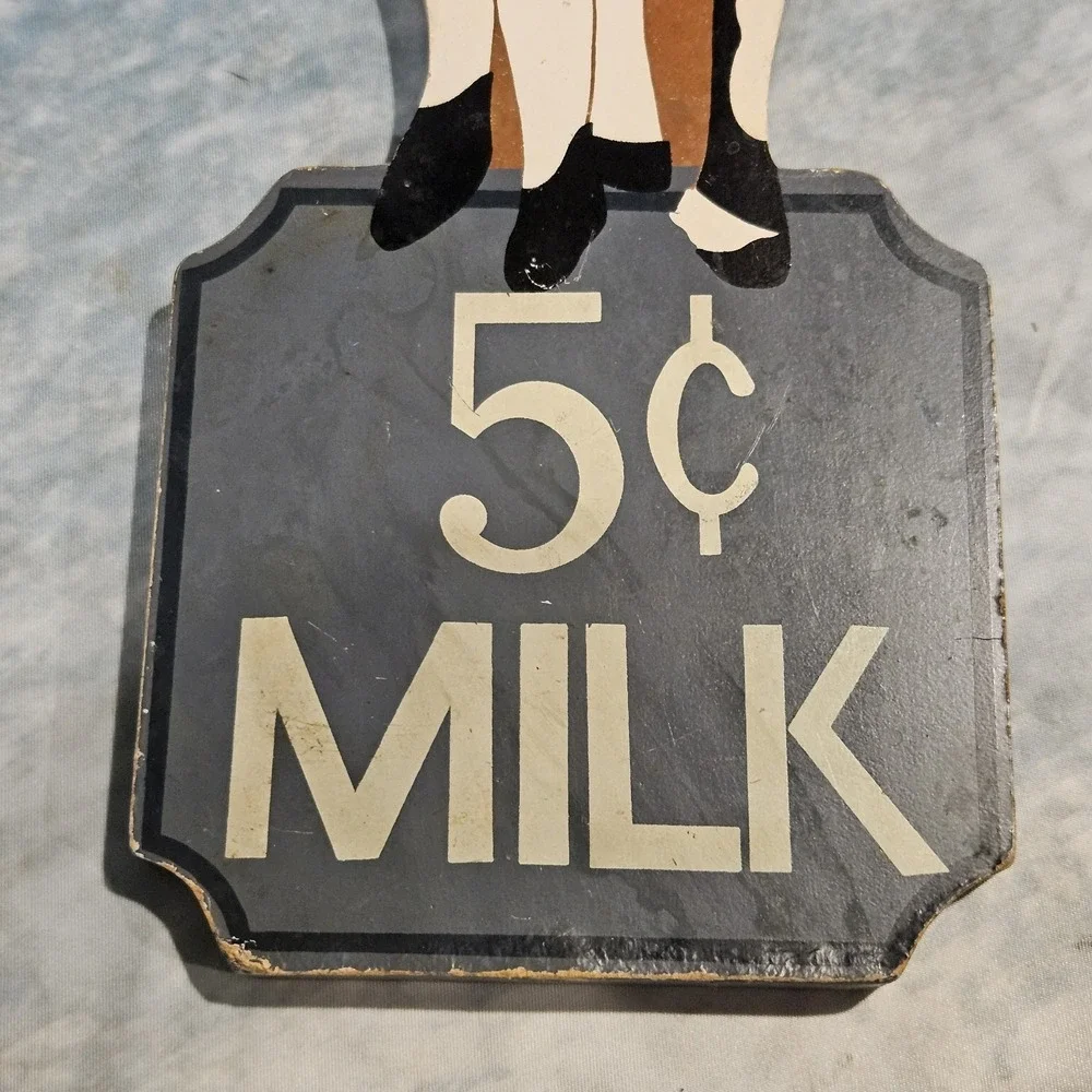 Vintage 5¢‎ Milk Cow Wooden Wall Sign Farmhouse Kitchen Dairy Decor